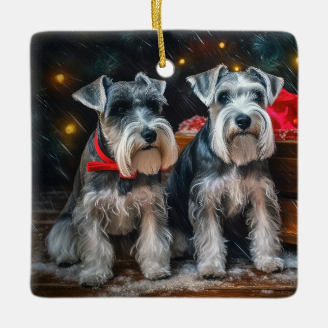 Schnauzer Snowy Sleigh Christmas Decor  Ceramic Ornament (Front)