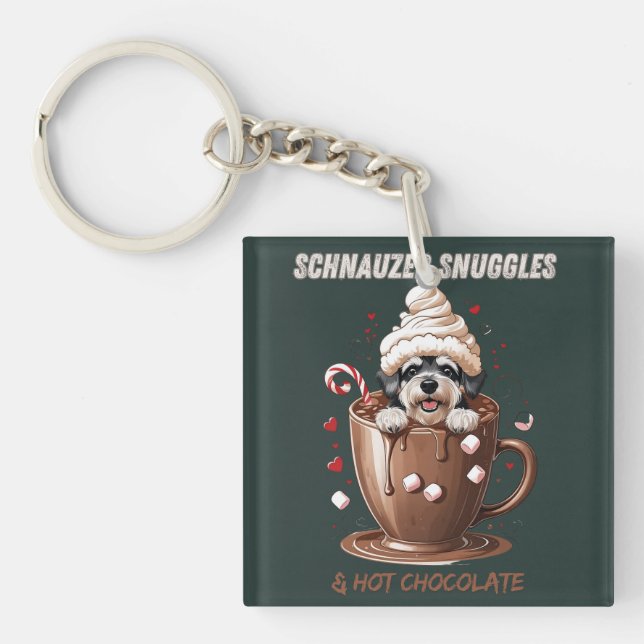 Schnauzer Snuggles & Hot Chocolate Key Ring (Front)