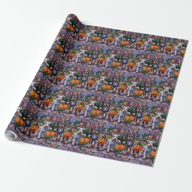 Schnauzer Trick-or-Treating in Halloween Costumes Wrapping Paper (Unrolled)