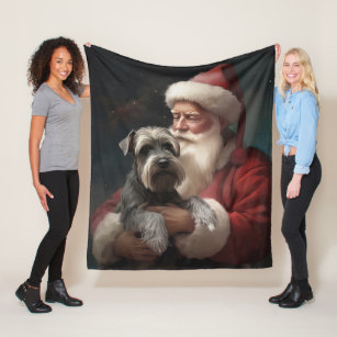 Schnauzer With Santa Claus Festive Christmas Fleece Blanket