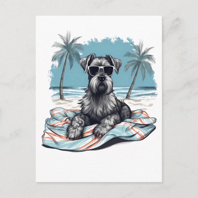 Schnauzer with sunglasses at the beach postcard (Front)