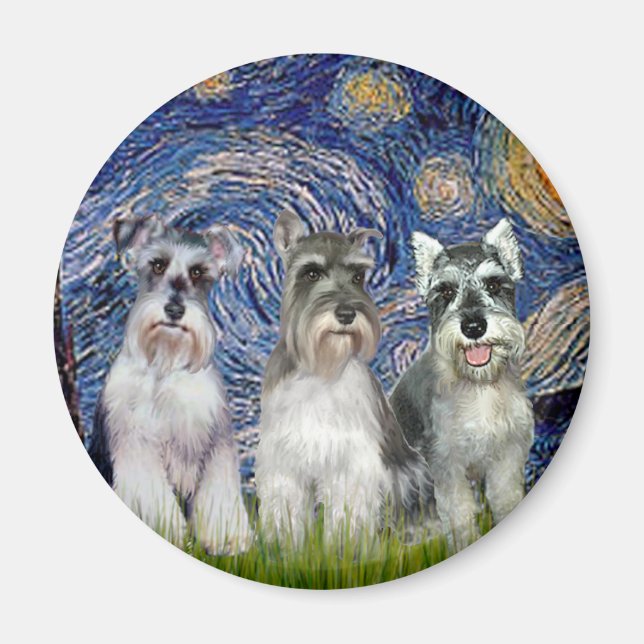 Schnauzers (three) - Starry Night Magnet (Front)