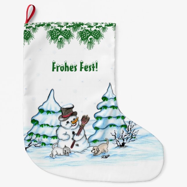 Schneemann mit Katze und Hundewelpe auf Deutsch Large Christmas Stocking (Front)