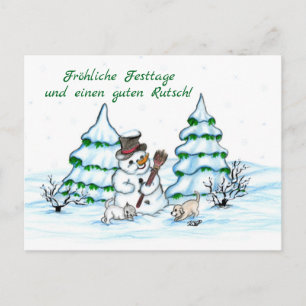 Schneemann with cat and dog - puppy in German Postcard