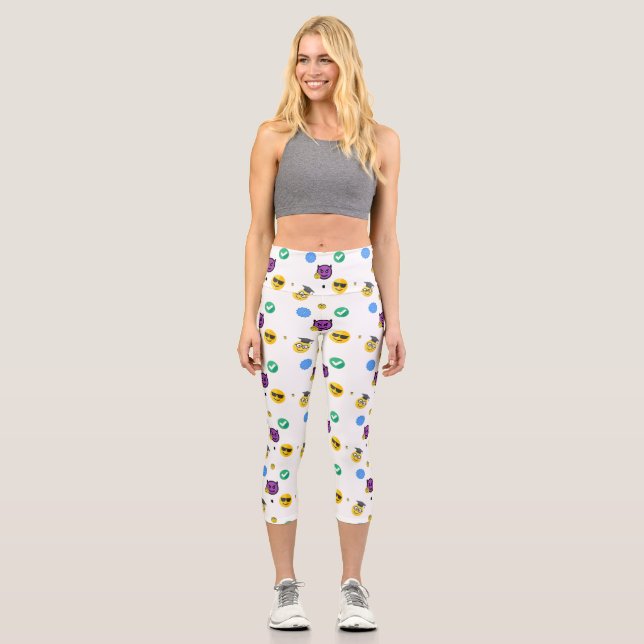 Scholar, horror, ghost cute emojis on white capri leggings (Front)