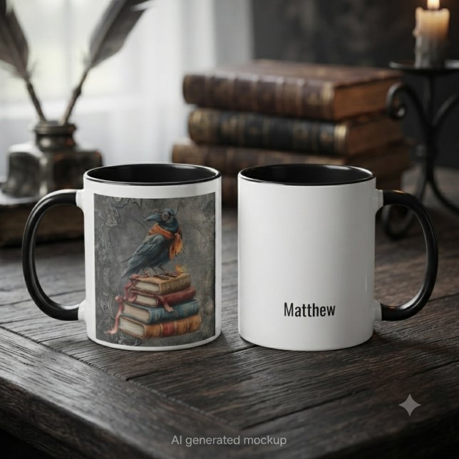 Scholarly Raven Gothic Reader Aesthetic Mug (Scholarly raven with antique books, perfect for dark academia lovers and quiet reading sessions.)