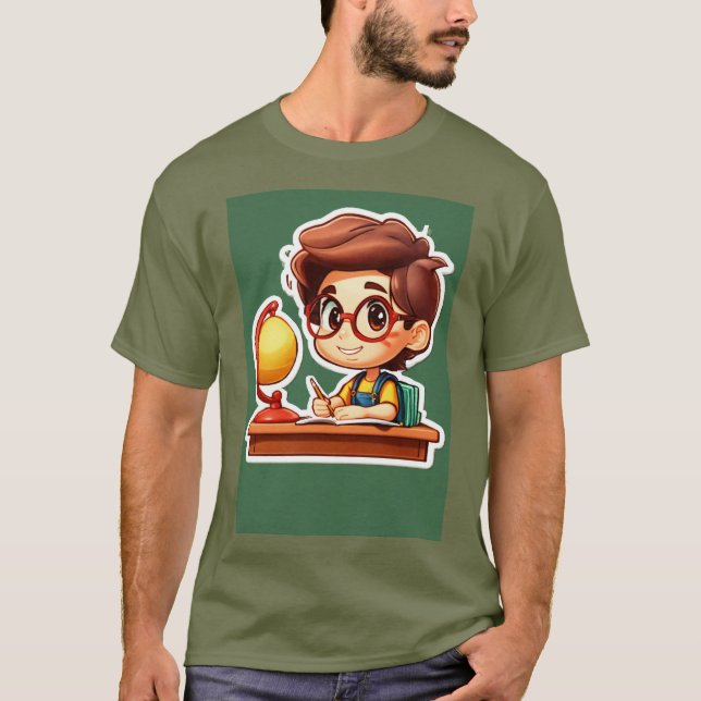 "Scholarly Savvy: Cartoon 3D Boy Studying" T-Shirt (Front)