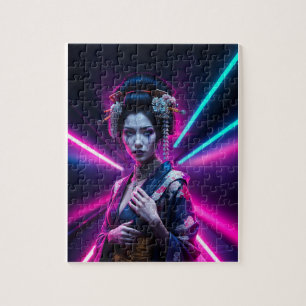 Schöne Geisha Puzzle mit Neon Hintergrund - Elegan