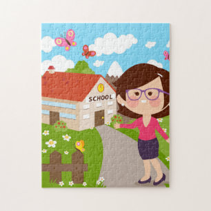 School and Teacher Red Roof Flower Garden  Jigsaw Puzzle