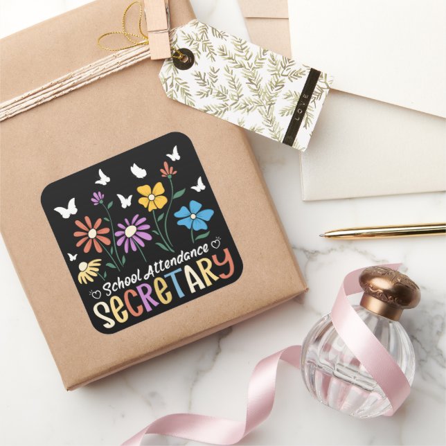 School Attendance Secretary Wildflowers Groovy Square Sticker (Gifting)