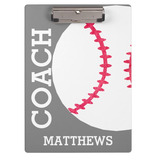 School Baseball Coach Personalised Grey Trendy Clipboard (Front)