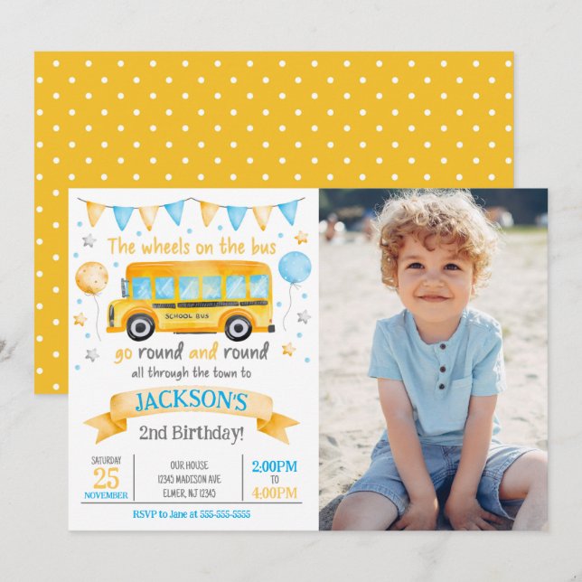 School Bus 2nd Birthday Photo Invitation (Front/Back)