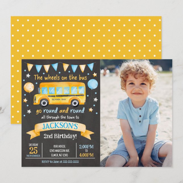 School Bus 2nd Birthday Photo Invitation (Front/Back)