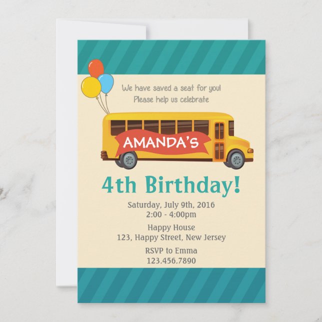 School Bus Birthday Invitation (Front)