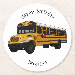 School bus cartoon illustration  round paper coaster