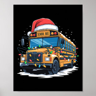 School Bus Christmas Tree Cute Santa Hat Lights Xm Poster