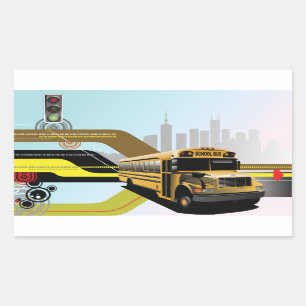 School Bus City Scene Rectangular Sticker