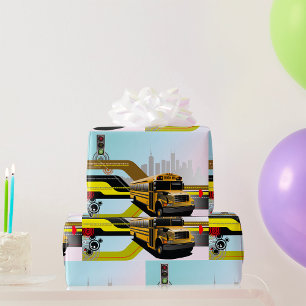 School Bus City Scene Wrapping Paper