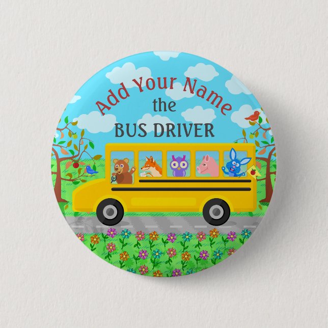 School Bus Driver Cute Animals | Personalised Name 6 Cm Round Badge (Front)