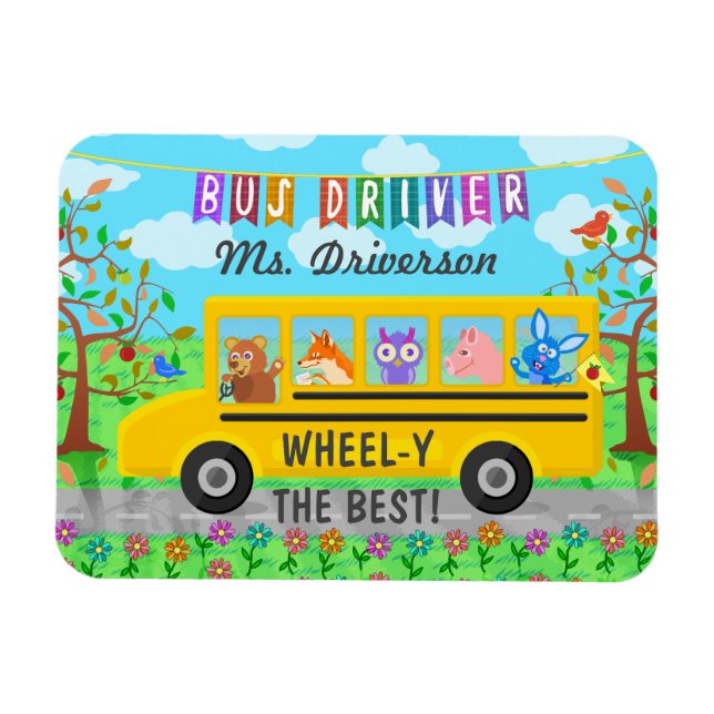 School Bus Driver Cute Animals | Personalised Name Magnet (Horizontal)