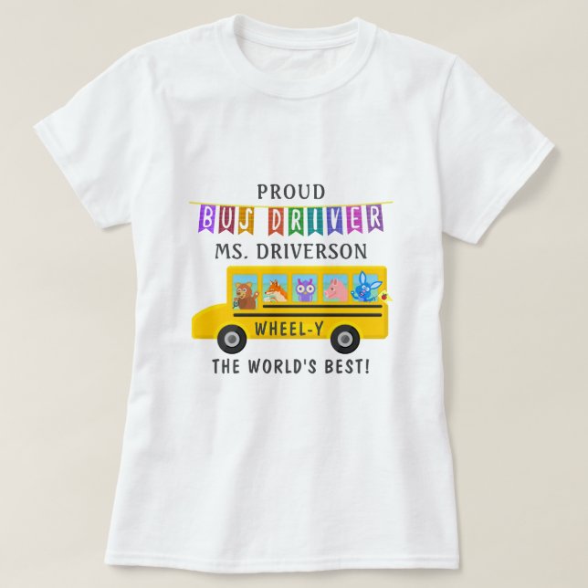 School Bus Driver Cute Animals | Personalised Name T-Shirt (Design Front)
