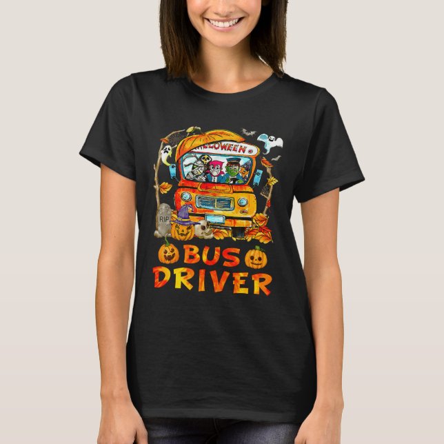 School Bus Driver Pumpkin Season Skeleton Fall Hal T-Shirt (Front)