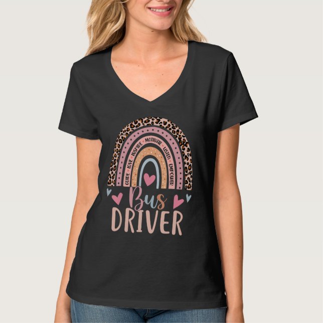 School Bus Driver Rainbow Leopard Print  Bus Drive T-Shirt (Front)