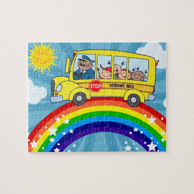 School Bus Driving on a Rainbow Jigsaw Puzzle (Horizontal)