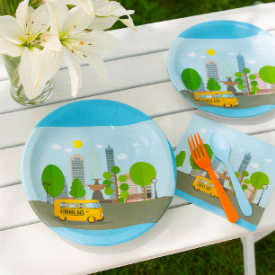 School Bus In The City Paper Plate
