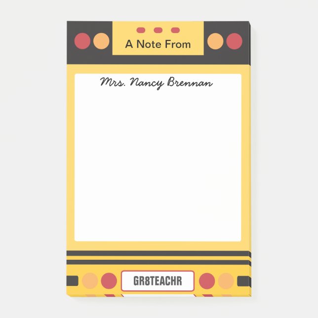 School Bus Personalised Teacher Post-it Notes (Front)