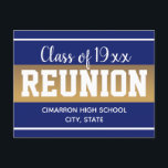 School Class Reunion Save the Date Blue Announcement Postcard<br><div class="desc">Save the date high school or Class reunion postcards. Fun blue gradient band with bold white text. All text is customisable and can be changed for your own party needs. Class banners can also be found in my shop.</div>