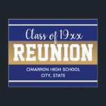 School Class Reunion Save the Date Blue Announcement Postcard<br><div class="desc">Save the date high school or Class reunion postcards. Fun blue gradient band with bold white text. All text is customisable and can be changed for your own party needs. Class banners can also be found in my shop.</div>