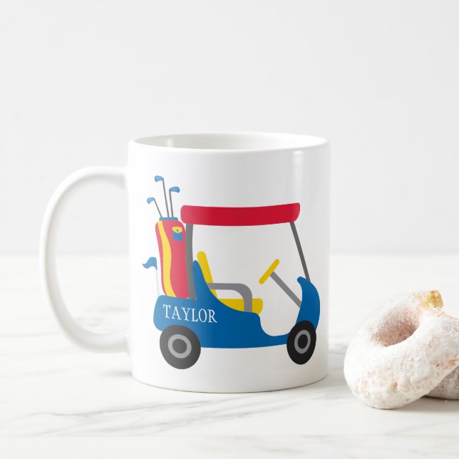 School Colours - Blue, Crimson & Yellow Golf Cart Coffee Mug (With Donut)