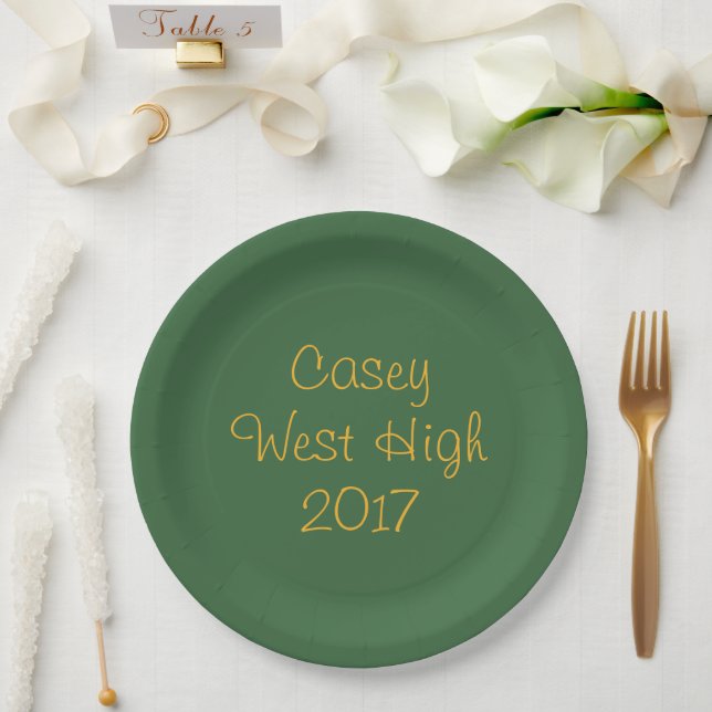 School Colours Forest Green and Gold Graduation Paper Plate (Wedding)