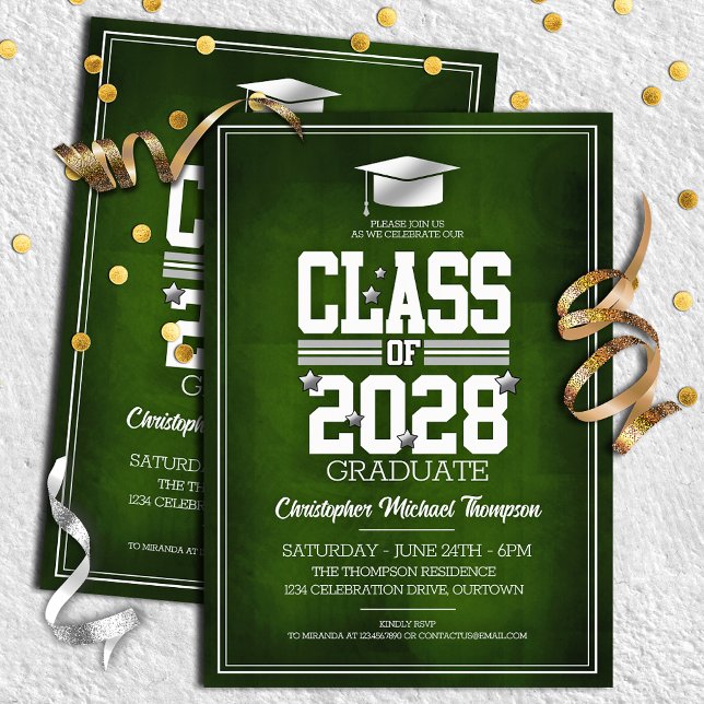 School Colours Green | Silver Graduation Party  Invitation (Creator Uploaded)