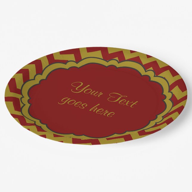 School-Colours-Monogram Chevron Maroon-Gold- Paper Plate (Angled)