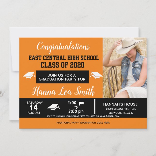 School Colours, Orange Black High School Graduatio Announcement (Front)