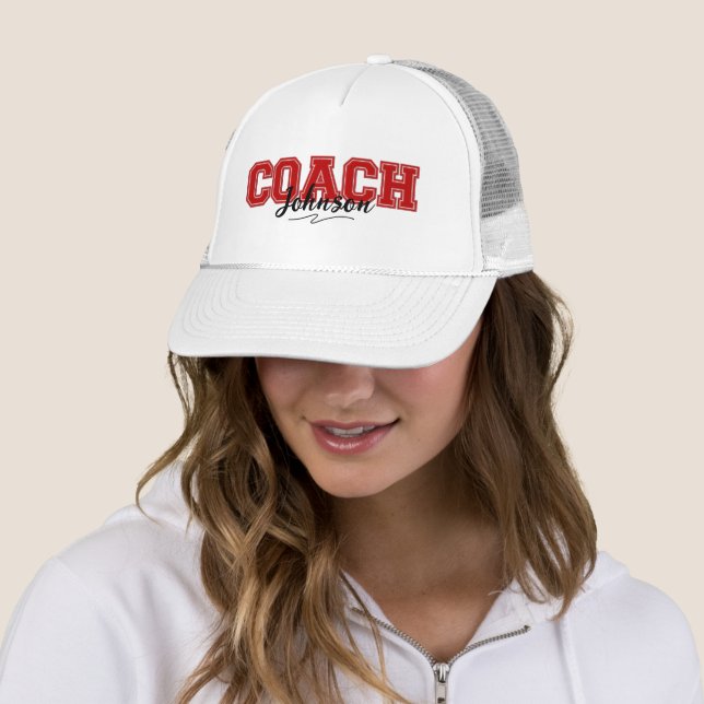School Colours Personalised Coach-Red and White Trucker Hat (In Situ)