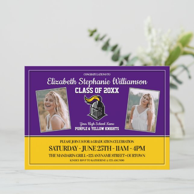 School Colours Purple and Yellow Graduation Party Invitation (Standing Front)