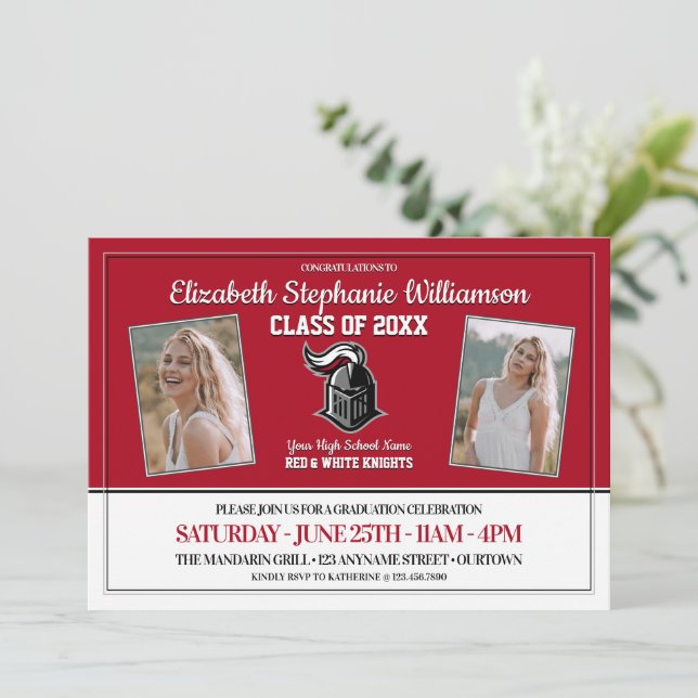 School Colours Red and White Graduation Party Invitation (Standing Front)