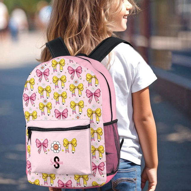 School Cute Bow Pencil Coquette Retro Monogram Printed Backpack (School Cute Bow Pencil Coquette Retro Monogram Printed Backpack)