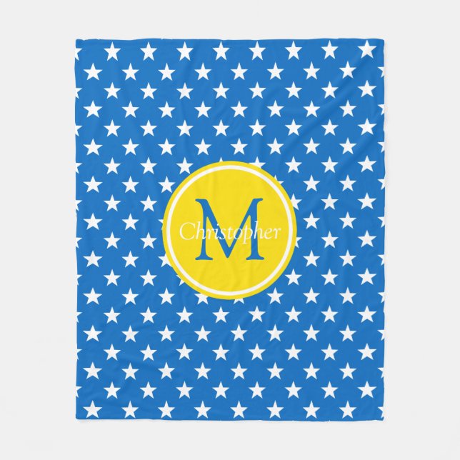 School Days Blue and Yellow Stars Monogram Fleece Blanket (Front)