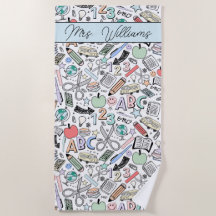 School Doodle Cute Summer Beach Towel