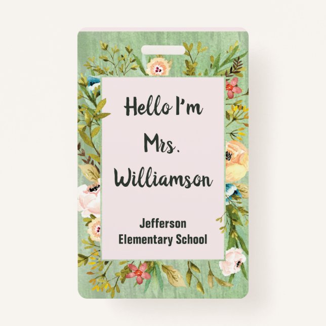 School Education Teaching Teacher Elegant Flowers ID Badge (Front)