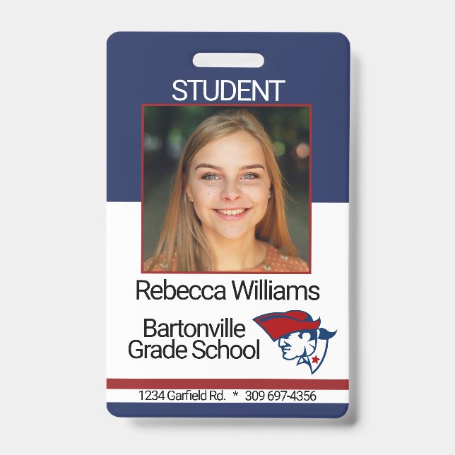 School / Employee Photo Badge - Red and Blue ID Badge (Front)