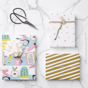 School Girl Blue & Gold Wrapping Paper Set