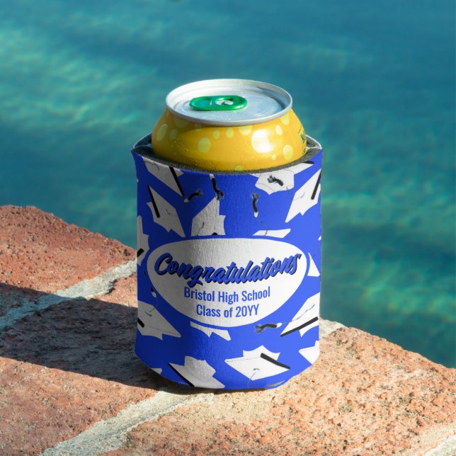 School Graduation Celebration Blue and White Caps Can Cooler (In Situ Pool)