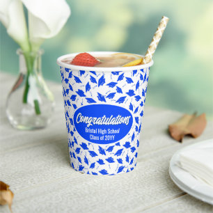 School Graduation Celebration Blue and White Caps Paper Cups