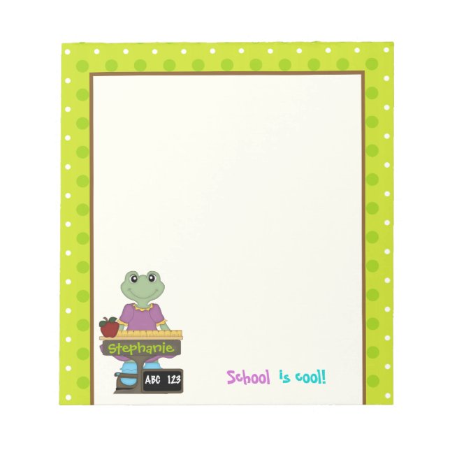 School is cool! Frog at her desk Back to school Notepad (Front)