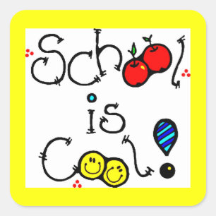 SCHOOL IS COOL FUN COLOURFUL HAPPY FACES APPLES SQUARE STICKER
